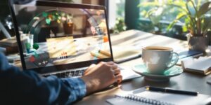 A bright workspace with a laptop and coffee.